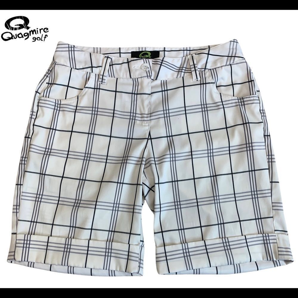 Quagmire Golf White gray black striped plaid check shorts Sz 8 NWOT